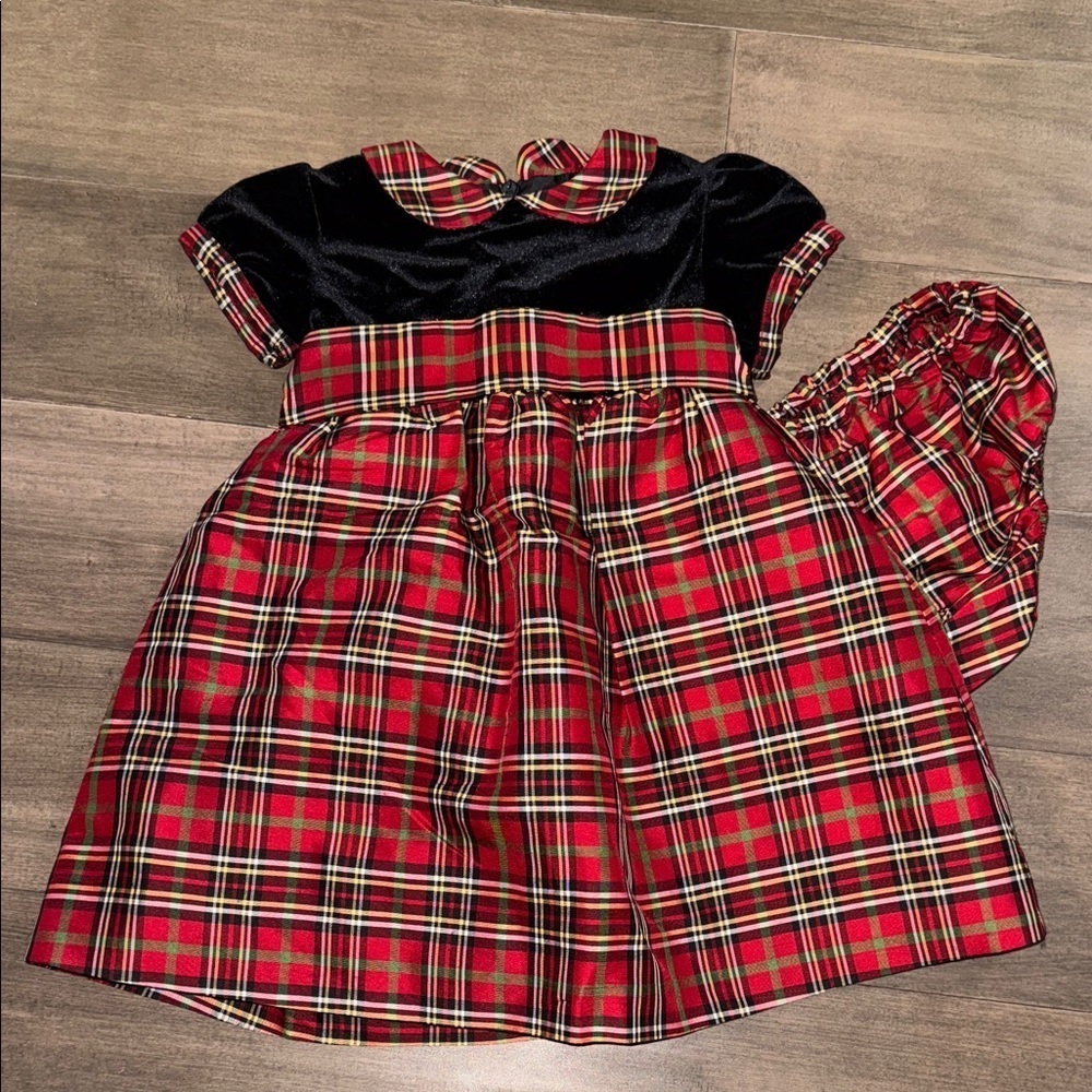 Talbots Kids Silk Tartan Plaid & Velvet Holiday Dress & Matching Bloomers SZ 12M